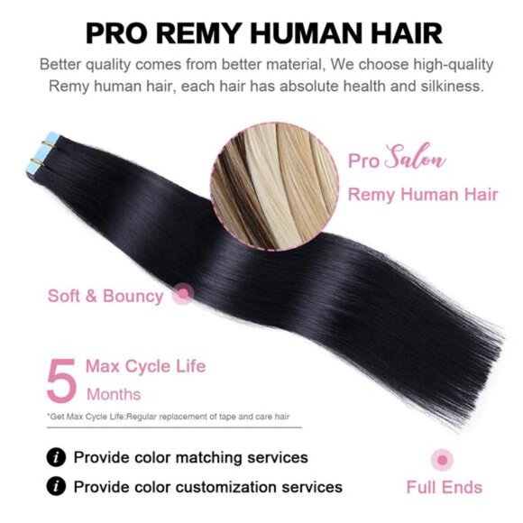 Tape in Hair Extensions Jet Black 100% Remy Human 20 inches 20pcs - Picture 4 of 7